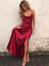 A Line Scoop Red Elastic Satin Prom Dress with Split LBQ0284